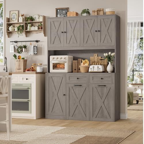 HOSTACK 71" Kitchen Pantry with 12.5 Gallon Double Trash Can Cabinet, Grey | Farmhouse Garbage Can Cabinet with Pull Out Trash Can Storage, 47"W Kitchen Hutch with Hidden Garbage Storage for Dining Room