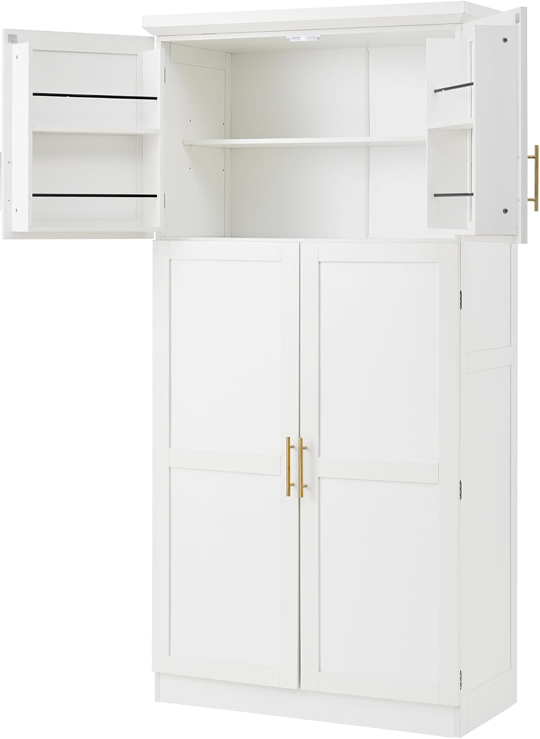 70.9" Tall Freestanding Kitchen Pantry Cabinet with 4 Doors, Large Wooden Kitchen Organizers Storage Cabinet with 8 Pull-Out Trays and 2 Door Shelves for Dining Room, White