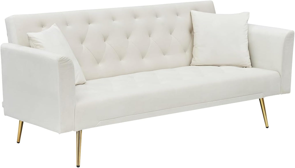 71" Modern Velvet Sofa Bed Futon, Convertible Sleeper Couch, Adj. Backrest | Tufted Recliner Loveseat Design with Golden Chrome Legs & 2 Pillows, Perfect for Small Spaces, Living Room, Apartment
