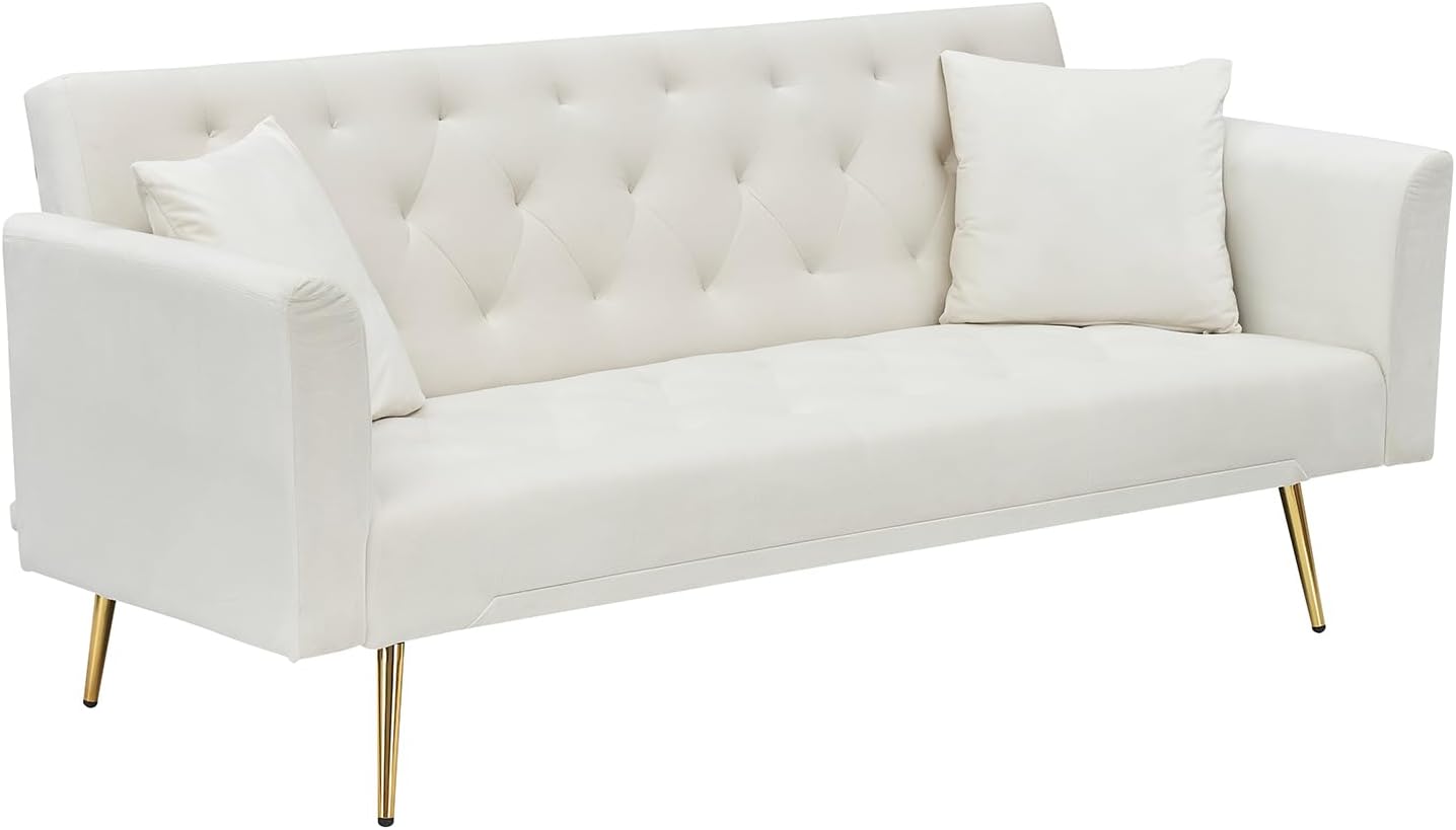 71" Modern Velvet Sofa Bed Futon, Convertible Sleeper Couch, Adj. Backrest | Tufted Recliner Loveseat Design with Golden Chrome Legs & 2 Pillows, Perfect for Small Spaces, Living Room, Apartment