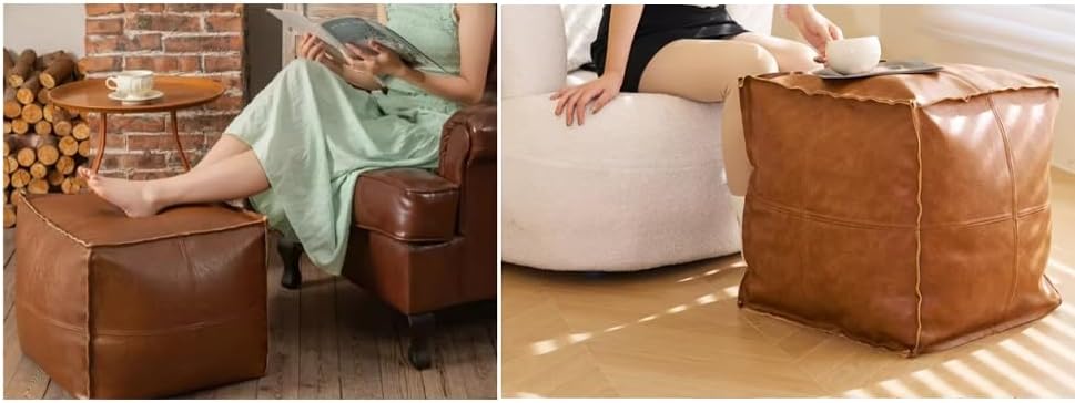 Faux Leather Unstuffed Pouf Ottoman, Square Pouffe Footstool Storage Stool, Pouf Sleeve Without Stuffing, Foot rest Suitable for living Room,Bedroom or Balcony（Size：17"D x 17"W x 15"H)No Filler