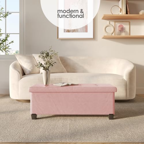 Storage Ottoman Bench with Bins, 43-in Storage Bench for Bedroom End of Bed, Folding Foot Rest Ottoman for Living Room Max 660lbs, Leather Ottomans, Pink