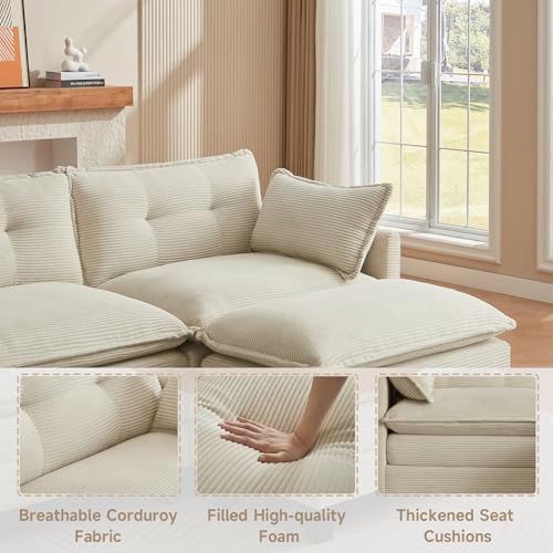 Amsleekey 76.5" L-Shaped Modular Sectional Sofa, Beige Corduroy | Cloud Couch for Living Room, 2 Seater Deep Seat Convertible Sleeper Sofa with 1 Movable Ottomans and 2 Leg Height Options