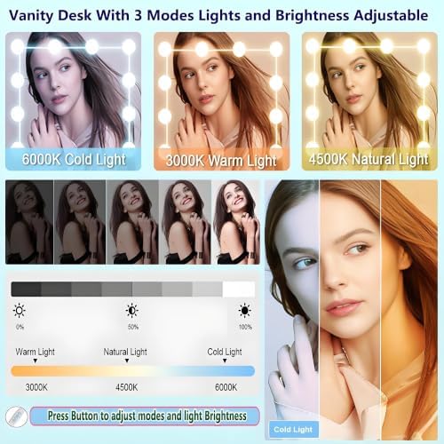 Vanity Desk with Mirror and Lights, 6 Drawers 6 Shelves 1 Stool & Sildeable Mirror Makeup Vanity, 3 Modes Light Adjustable, White, 51" H
