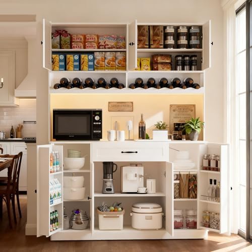 FJTJBSI 72" Tall Pantry Storage Cabinet with LED Light 55" Wide Kitchen Pantry Cabinet with Charging Station and Adjustable Shelves Modern Kitchen Hutch with Wine Rack and Large Countertop White