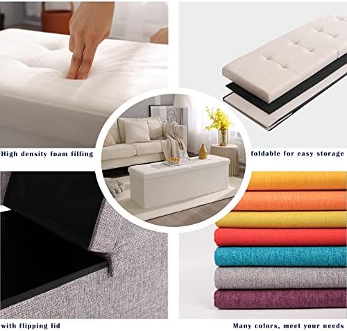 Storage Ottoman Bench Foldable Footrest Foot Stool, 30" Fabric Cream | Small Ottoman Foot Rest Seat Shoe Bench Flip-Top forliving Room End of Bed Bedroom Couch Dorm, 80L Folding Upholstered Chair