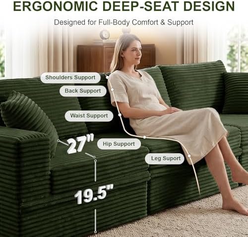 107" U Shaped Couch, Modular Sectional Sofa with Storage, 3-Seater High Density Foam Couch with Ottoman, 27" Deep Corduroy Cloud Couch for Living Room, Tool-Free Assembly, Green