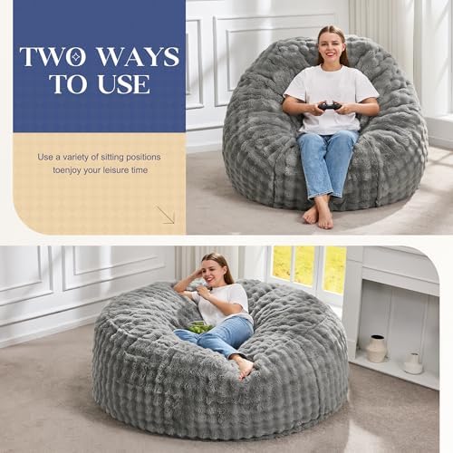 Hobestluk Adults Bean Bag Chair 5FT Big BeanBag Chair Giant Large Oversized | Memory Foam,Washable Cover,Unique Fluffy Bubble,Comfy Big BeanBag with Filling Lounging Gaming Bedroom Living Room | Grey 5FT