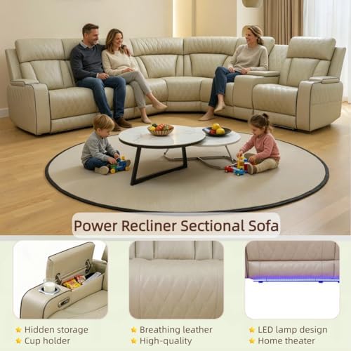 Breathing Leather Reclining Sofa Set,Power Recliner Sectional Couch with LED Light,Modern Living Room Furniture Set,Reclining Sectional Couch Set with USB Port/Storage for Home/Home Theater