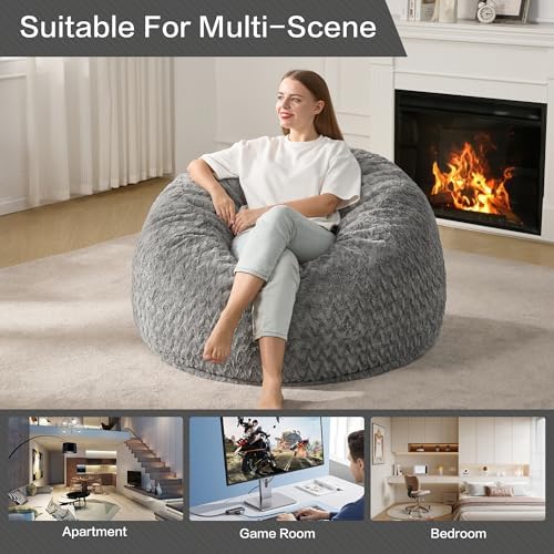 Hobestluk Bean Bag Chair Large Washable Soft Living Room Adult 3Ft Grey | No Assembly Required Memory Foam Filling Machine Washable Cover Bedroom Dorm Reading Gaming Fluffy Plush Faux Fur Fabric