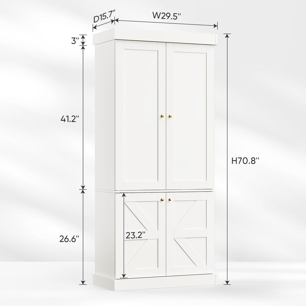 70.8" Tall Farmhouse Kitchen Pantry Cabinet with Doors, Modular Storage Cabinet with 4-Tier Adjustable Shelves, Wooden Hutch for Kitchen or Living Room, White