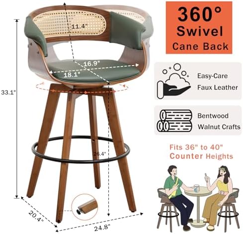 Rattan Swivel Counter Stools, Mid Century Modern Counter Stools with Back | Natural Bentwood Frame, Walnut Crafts, Curved Arms, Faux Leather Upholstered Seat, Swivel Counter Stools for Island, Kitchen