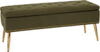 HULALA HOME Modern Velvet Storage Ottoman Bench with Gold Base & Nailhead Trim, Upholstered Bedroom Bench for End of Bed, Button-Tufted Footstool for Entryway Living Room Dining Room, Moss