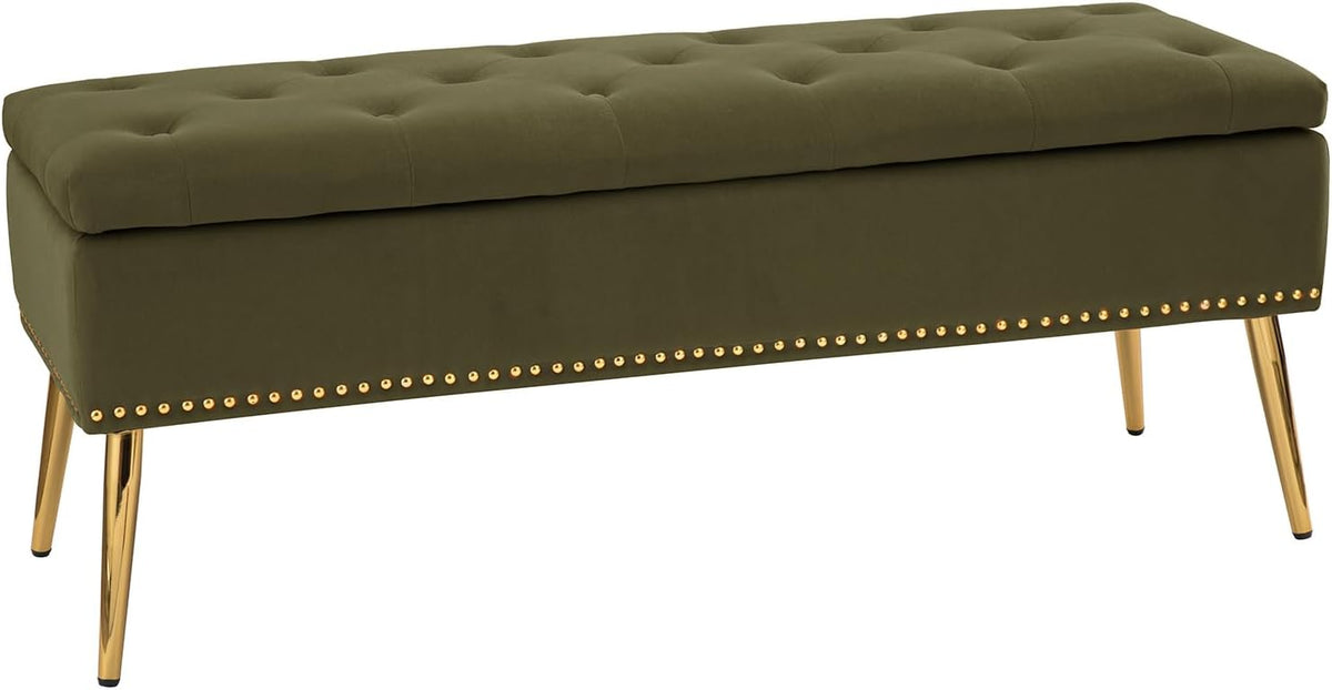 HULALA HOME Modern Velvet Storage Ottoman Bench with Gold Base & Nailhead Trim, Upholstered Bedroom Bench for End of Bed, Button-Tufted Footstool for Entryway Living Room Dining Room, Moss