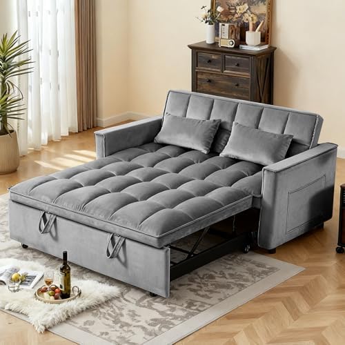 54" Convertible Sofa Bed with Adjustable Backrest, Dark Gray | Soft Velvet Sleeper Loveseat with Pull out Bed, Adjustable Backrest, Side Pockets, Ideal for Apartments and Guest Rooms