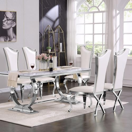 ACEDÉCOR Dining Chairs, White Faux Leather Dining Chairs Set of 6, Gorgeous Streamlined High Back Chair with Silver Mirror Curved and X-Shaped Stainless Steel Legs