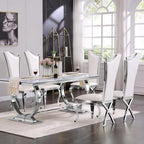 ACEDÉCOR Dining Chairs, White Faux Leather Dining Chairs Set of 6, Gorgeous Streamlined High Back Chair with Silver Mirror Curved and X-Shaped Stainless Steel Legs