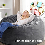Kromax Bean Bag Chair with Filling Included, Large 4FT Comfy Bean Bag Chairs for Adults, Teens, Memory Foam, Machine Washable Thick Dutch Velvet Cover, for Living Room, Den, or Bedroom, Dark Grey