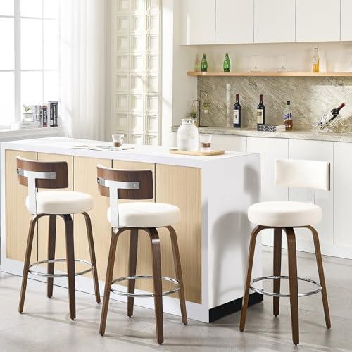 Bekrvio Swivel Counter Height Bar Stools Set of 3, Faux Leather Kitchen Stools Upholstered Barstools with Back, Walnut Wood Legs, Mid Century Island Chairs Counter Stools, 26" Seat Height, White