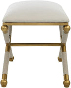 BOWERY HILL Contemporary Small Bench, 24"x17"x20.25", Iron Base Gold Leaf Finish, White Polyester Upholstery, Braided Rope Detailing, Living Room Seating or Accent Piece