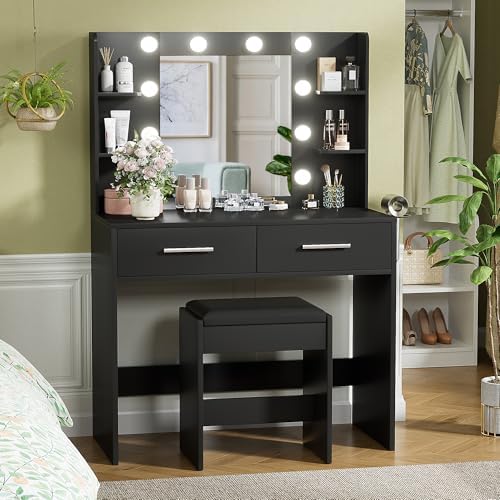 YESHOMY Vanity Desk with Mirror, Makeup Table, Pure Black | 2 Large Drawers, Power Outlet and Round Holder, 3 Color Modes Adjustable Bulb, Bench Included