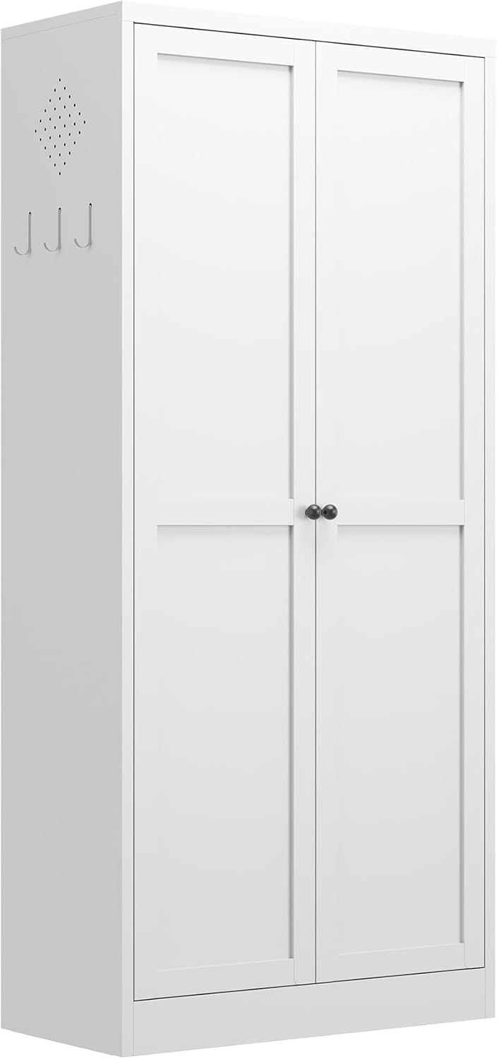 61-Inch White Metal Kitchen Pantry Cabinet with 4 Adjustable Heavy-Duty Shelves (110lb Capacity), Freestanding Storage Organizer for Pantry, Kitchen, Living Room