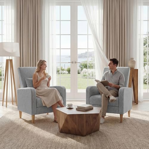 COLAMY Mid-Century Modern Upholstered Accent Chair with Back Pillow & Solid Wood Legs, Fabric Cozy Armchair for Living Room, Bedroom, Reading Nook, Apartment & Small Spaces, Lightgrey