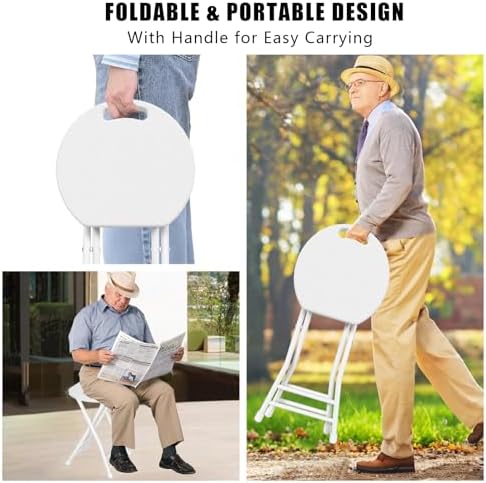 Folding Stool, 18 Inch Foldable Stool with Handle & Steel Frame, Pack of 8 Folding Bar Stools, 440lbs Sturdy Foldable Lightweight Metal Chair for Camping, Indoor and Outdoor, White