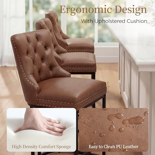 AQO Counter Height Bar Stools Set of 4 for Kitchen Island, Modern Bar Stools with Backs, 26 Inch Barstools with Upholstered Faux Leather Seat and Footrest, Brown
