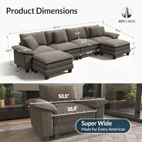 HERA'S HOUSE 158" Oversized Modular Sectional U Shaped Sofa,Chenille Ash | 6-Seater Living Room Couches, Wider Armrest and Deep Seat, Comfy Cloud Couch with Ottoman, Light Gray