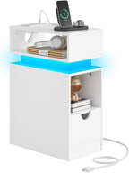 HOOBRO Narrow End Table, Floating Nightstand with LED Light Strip, with Drawer, Slim Bedside Table with Charging Station for Living Room, Bedroom, White WT204UDBZ01