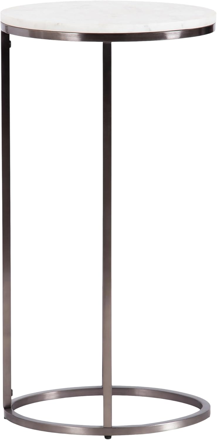 Kate and Laurel Natalli Modern Glam Oval C-Table, 14 x 9 x 28, White Marble and Gray Gunmetal, Elegant C-Shaped Side Table with Marble Tabletop and Space Saving Design