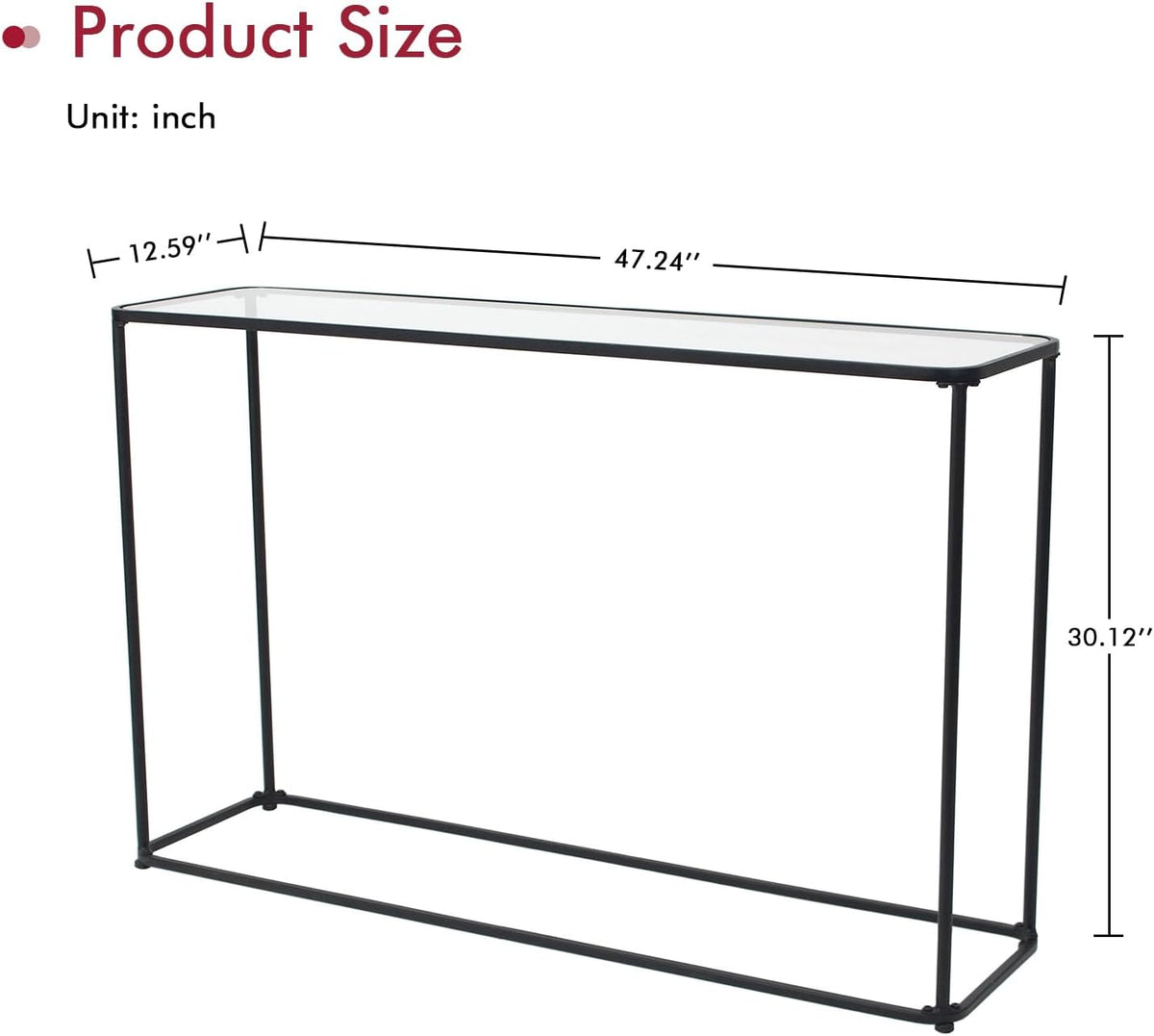 DDK Narrow Console Table 47 Inch, Thin Sofa Side Table with Glass Top & Metal Frame, Entryway Table with Open Storage for Hallway Living Room, Modern Slim Console Table for Small Spaces