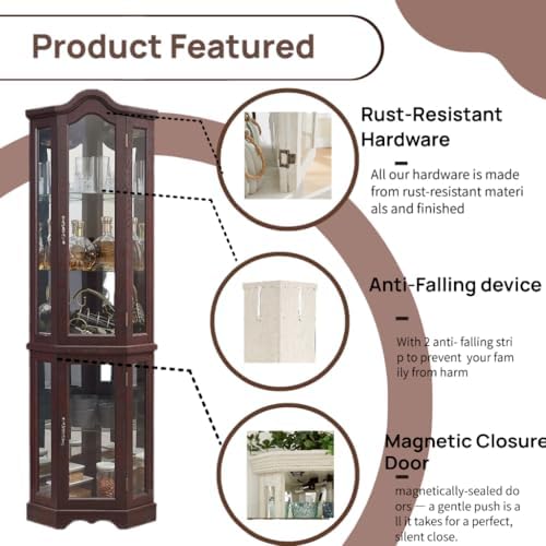 70" Lighted Corner Curio Cabinet,Inside Mirror Corner Glass Display Case with Tempered Glass Door for Living Room, Antique Collectibles, Wine & Bar Glass Storage, Lights Included