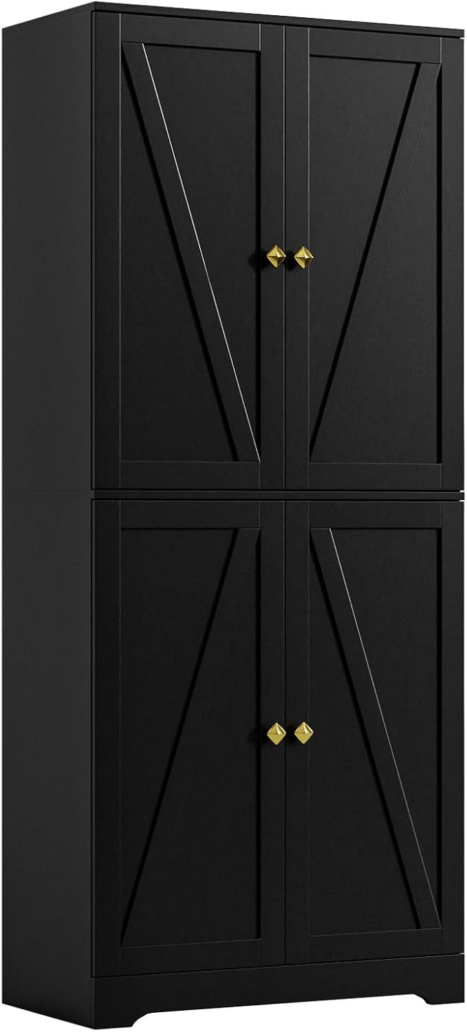 LYNSOM Kitchen Pantry Storage Cabinet 72“ Tall, Farmhouse Pantry Cabinet with Barn Doors and Adjustable Shelves, Black Storage Cabinets for Kitchen, Dining Room