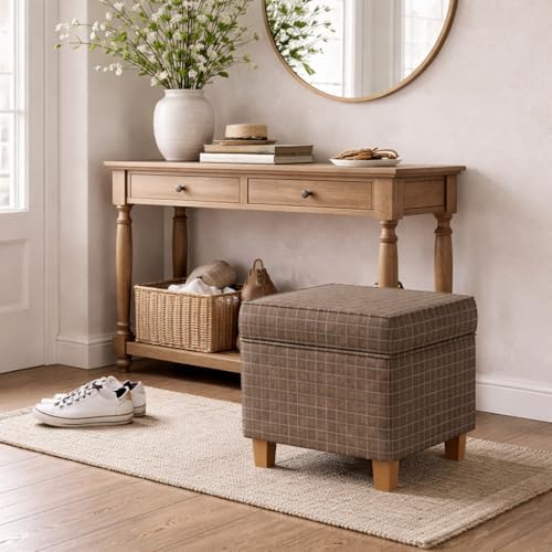 Homepop Home Decor Classic Square Storage Ottoman with Lift Off Lid | Ottoman with Storage for Living Room & Bedroom, Brown Window Pane Fabric