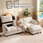 Ihanherry 139" Oversized V-Shaped Modular Sectional Couch, 9-Seater Cloud Sofa with Corner & Movable Ottoman, Large Cushions, Chenille Deep Seat Living Room Furniture Set, Beige