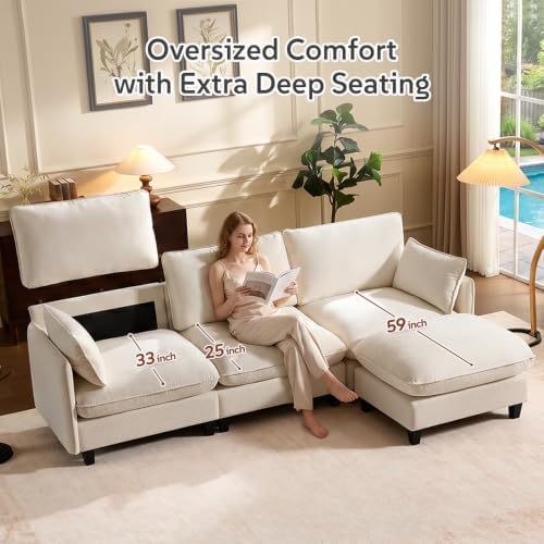 Ihanherry 139" Oversized V-Shaped Modular Sectional Couch, 9-Seater Cloud Sofa with Corner & Movable Ottoman, Large Cushions, Chenille Deep Seat Living Room Furniture Set, Beige