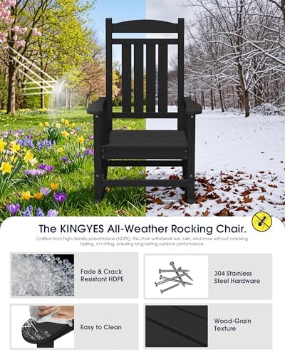 KINGYES Oversized Outdoor Rocking Chairs Set of 2, HDPE Porch Rocker, Black | - Rocking Chairs for Outdoor with Wide Seat - 350LBS Support for Adults