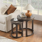 2pcs Vintage Wooden Nesting Side Table, Open Frame Round End Table | Space-Saving Stackable Small Accent Coffee Table for Couch Corner Farmhouse Home Decoration, Dark Brown