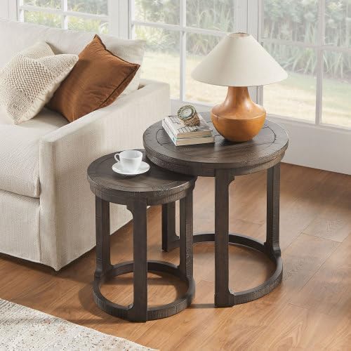 2pcs Vintage Wooden Nesting Side Table, Open Frame Round End Table | Space-Saving Stackable Small Accent Coffee Table for Couch Corner Farmhouse Home Decoration, Dark Brown