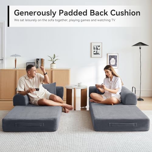 79" Convertible Sofa Bed, Couch for Living Room (Dark Gray) | Corduroy Loveseat Sleeper Sofa, Modular Futon Couch Bed with 2 pillow, Pull Out Couch No Assembly