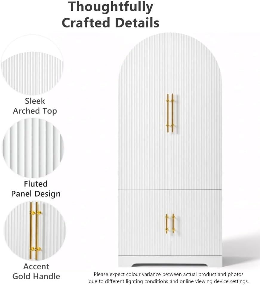 72" Tall Arched Kitchen Pantry Cabinet, Fluted Storage Cabinet with 8 Door Shelves, 3 Adjustable Shelves & Hidden Drawer for Kitchen Dining Bathroom (White)