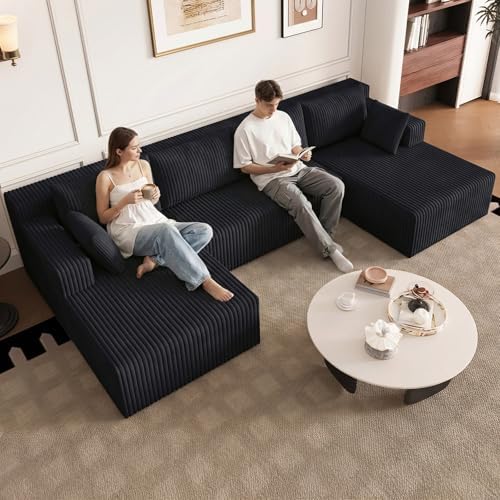124" U-Shape Cloud Couch, Modern Modular Sectional U-Shape Sofa, Corduroy Couch Upholstered Couches Deep Seat Sleeper Chaise Longue for Living Room, No Assembly Required, Black