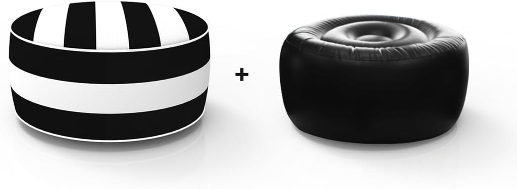 Outdoor Inflatable Ottomans with Insert Round 21x9 Inch Black Striped Pattern Patio Foot Stools and Ottomans Portable Footrest