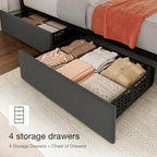 Garvee King Size Bed Frame, Linen Bedframe with 4 Storage Drawers, Grey