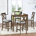 5 Piece Dining Table Set for 4, Solid Wood Square Dining Table Set, Counter Height Kitchen Table Set with Square Table and 4 Upholstered Chairs, X-shaped Backrest for Small Space, Walnut