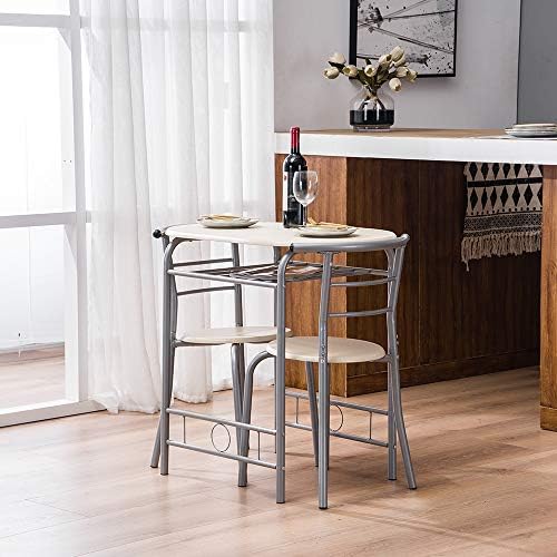 VINGLI 3 Piece Dining Set, Small Kitchen Table Set for 2, Breakfast Table Set, Kitchen Wooden Table with 2 Chairs for Small Space/Dining Room/Apartment, Metal Frame, Wine Rack, Beige