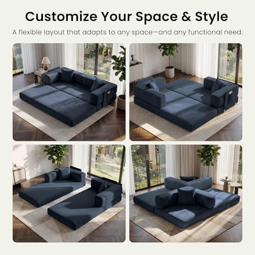 78.8" Convertible Futon Sofa Bed, Couch for Living Room | Corduroy Loveseat Sleeper Sofa, Modular Futon Couch with Storage Pocket, Pull Out Couch No Assembly | Royal Blue