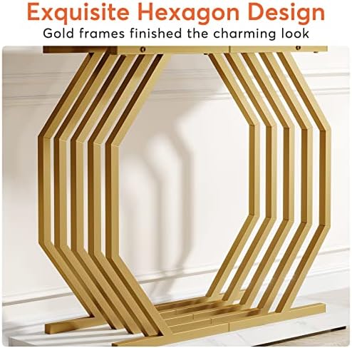 Tribesigns Gold Console Table, Faux Marble Entryway Table Narrow Sofa with Geometric Metal Base, 40 Inch Modern Accent Entrance for Living Room, Hallway, Foyer, White and Gold